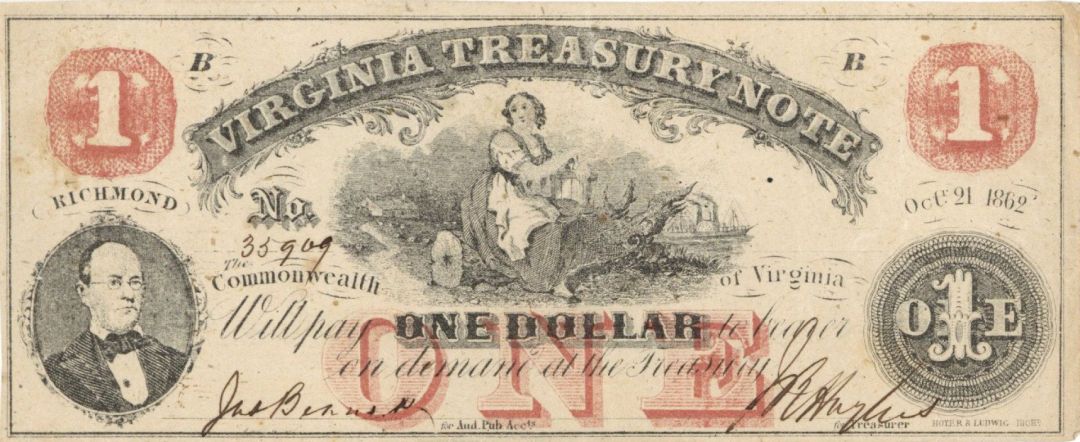 Virginia Treasury Note - 1862 dated Obsolete Bank Note - US Currency - Richmond Virginia