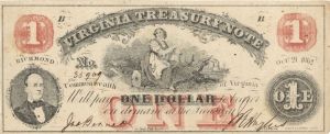 Virginia Treasury Note - 1862 dated Obsolete Bank Note - US Currency - Richmond Virginia - SOLD