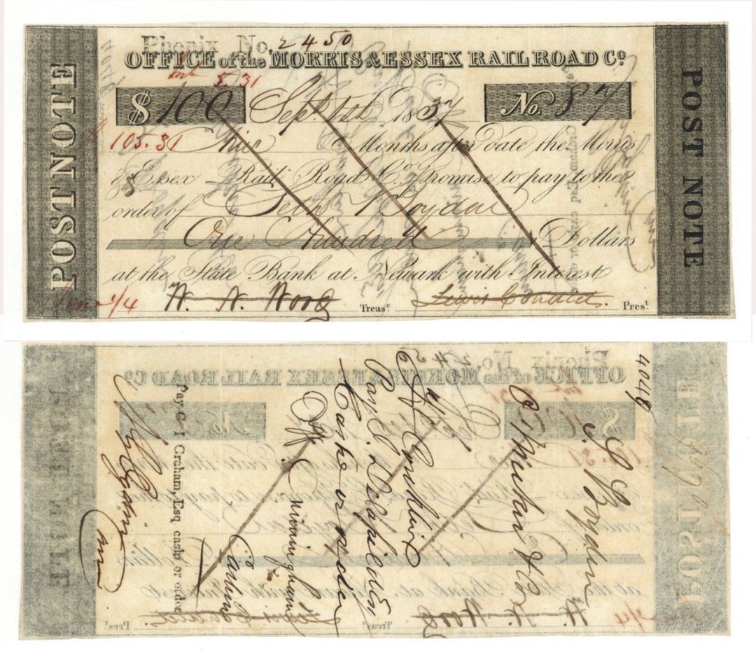 1830's Post Note of Morris & Essex Railroad Co. - Newark, New Jersey - Obsolete Banknote