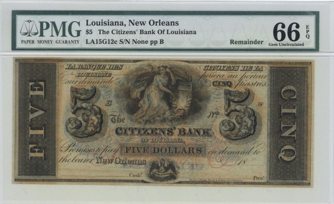 Citizens' Bank of Louisiana $5 - Obsolete Note - Broken Bank Note Remainder