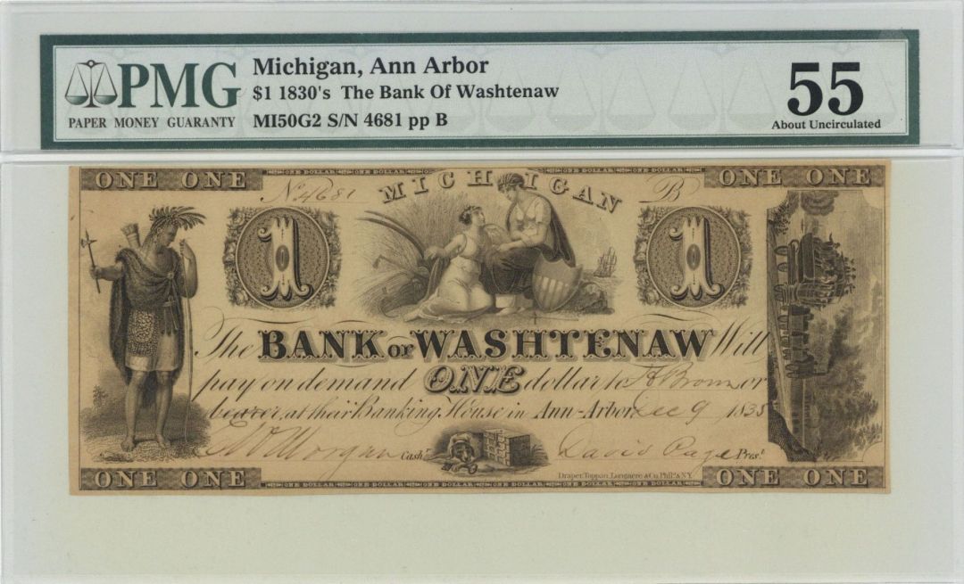 Bank of Washtenaw $1 Note - 1835 dated Obsolete Note from Ann Arbor, Michigan