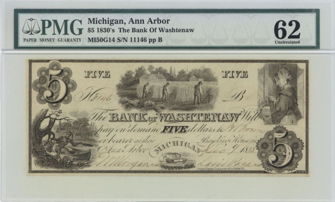 Bank of Washtenaw - PMG 62 - $5 Bill - 1835 dated Michigan Obsolete Bank Note - Broken Banknote