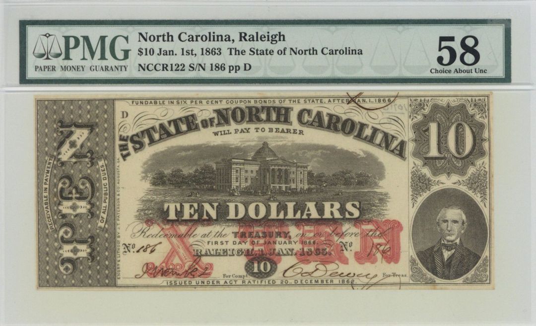 State of North Carolina $10 Paper Money - 1863 dated Obsolete Note - Raleigh, North Carolina