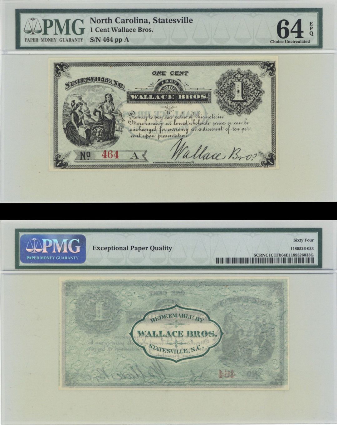 Wallace Bros. 1 cent - Obsolete Notes