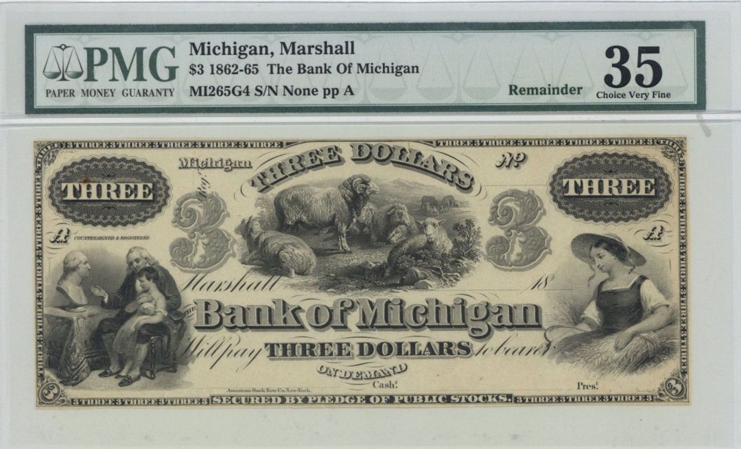 Bank of Michigan $3 - Obsolete Note - Broken Banknote Remainder