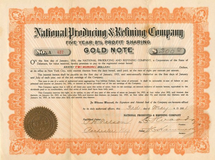 National Producing and Refining Co. - $200 - Bond