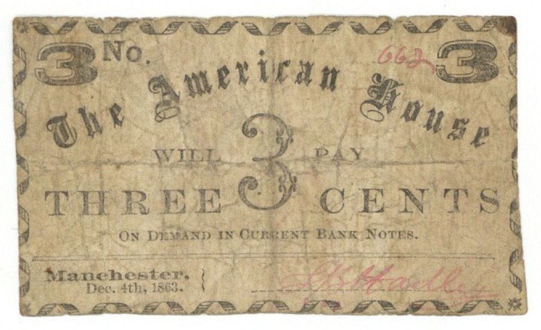 American House 3 cents - Obsolete Notes