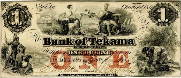 Bank of Tekama - Burt County, Nebraska - Broken Banknote - Obsolete Note