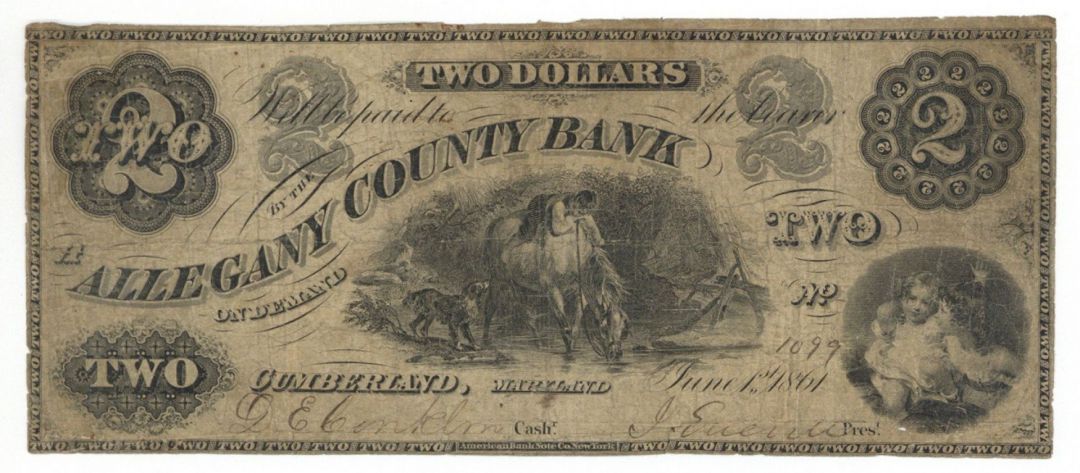 Allegany County Bank $2 Note - 1861 dated Obsolete Paper Money - US Broken Banknote