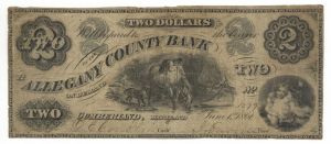 Allegany County Bank $2 Note - 1861 dated Obsolete Paper Money - US Broken Banknote - SOLD