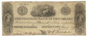 Franklin Bank of New Jersey - $3 Jersey City, New Jersey Note -  Obsolete Paper Money - SOLD