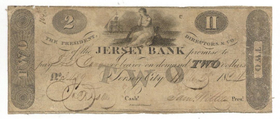 2 Dollars New Jersey Note - 1824 dated Jersey City Obsolete Paper Money
