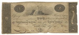 Ontario Bank - State of New York - 2 Dollars Note - 1865 dated Obsolete Paper Money - Also Mentions Jersey City - SOLD