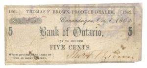 Bank of Ontario - Canandaigua New York - 5 Cents Note - 1862 dated Obsolete Paper Money