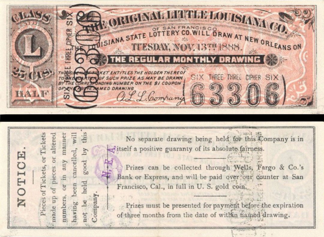 Original Little Louisiana Co. 25 cents Lottery Ticket - dated Nov. 13, 1888 - Americana