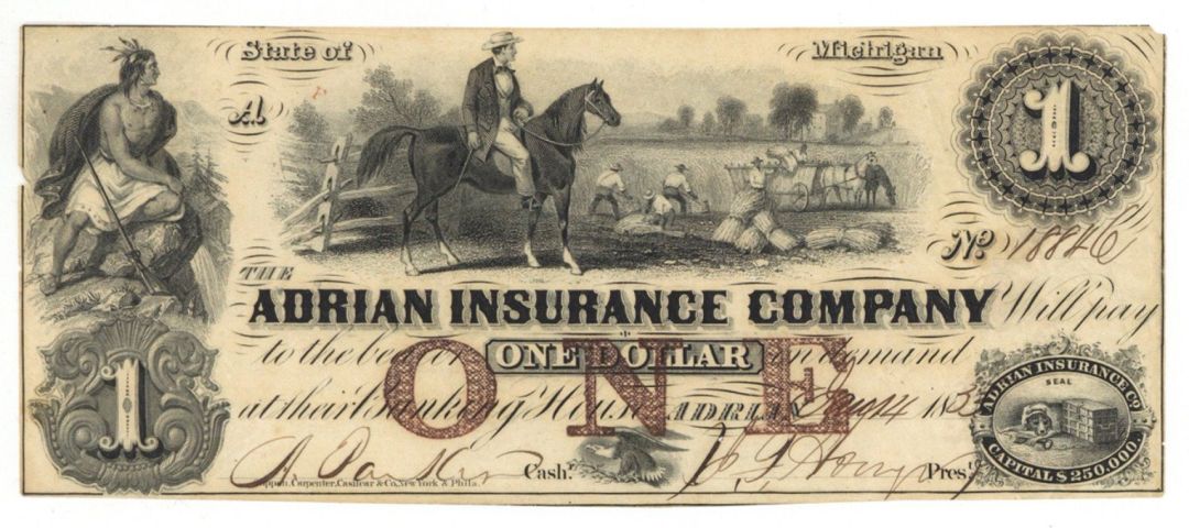Adrian Insurance Co. $1 dated 1833 - Obsolete Banknote - Paper Money