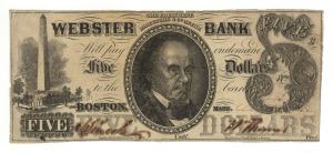 Webster Bank $5.00 - 1822 dated Obsolete Banknote - Paper Money