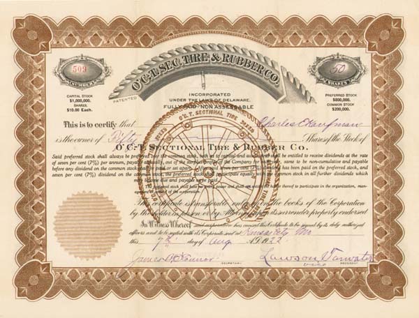 O'C. - T. Sectional Tire and Rubber Co. - Stock Certificate