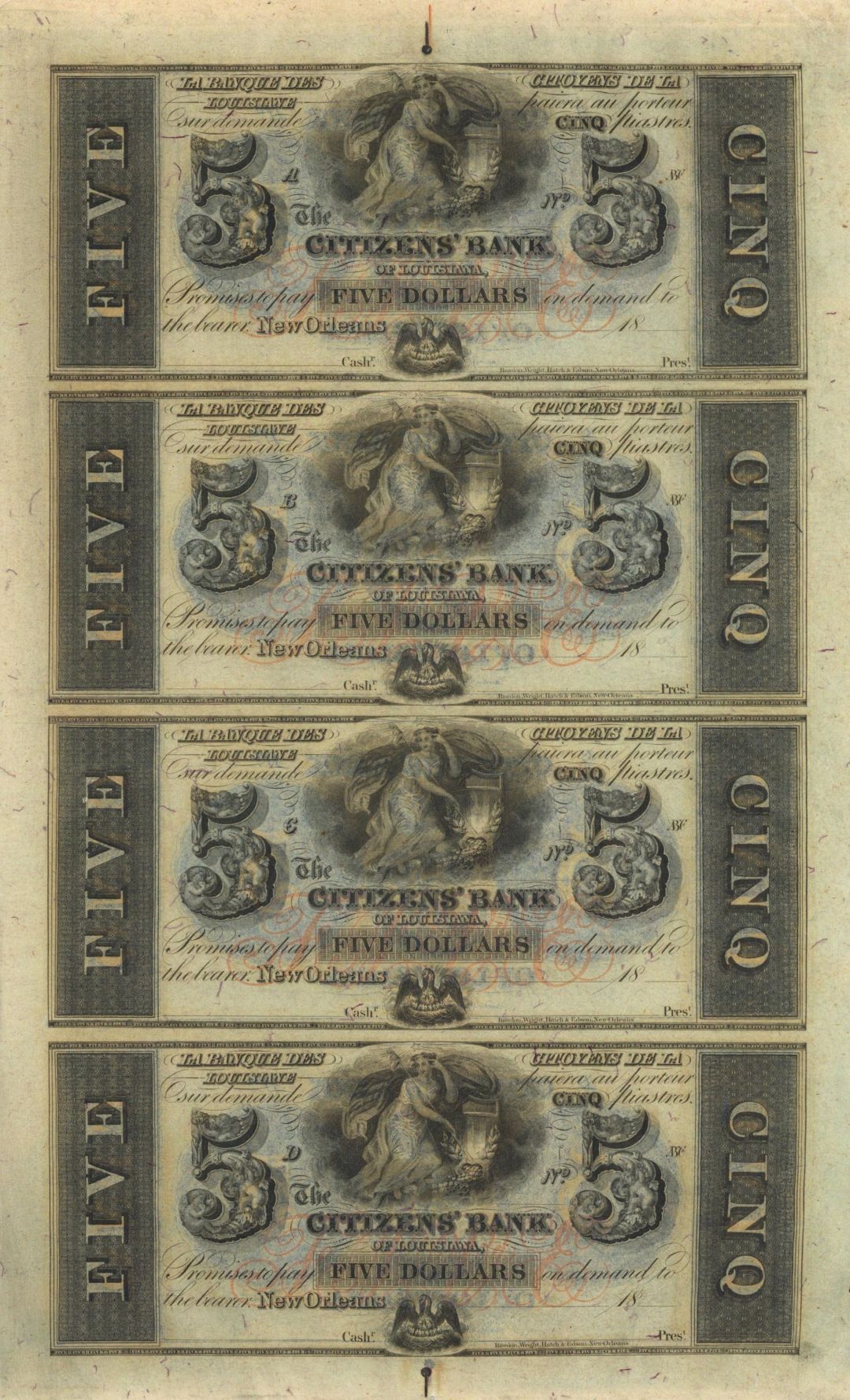 Citizens' Bank of New Orleans, Louisiana - Uncut Obsolete Sheet - Broken Bank Notes