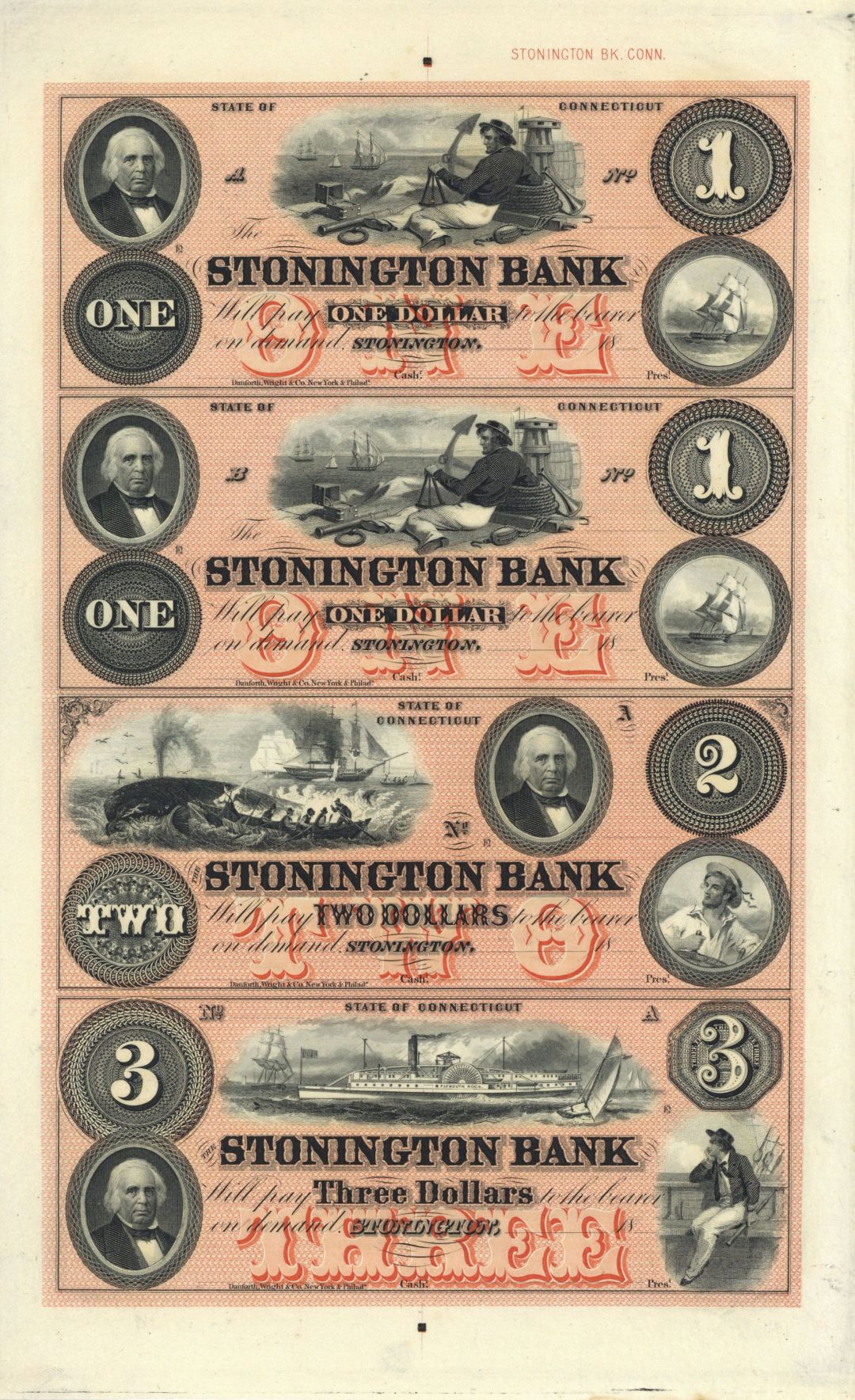 Stonington Bank Uncut Obsolete Sheet Circa 1800's - Broken Bank Notes