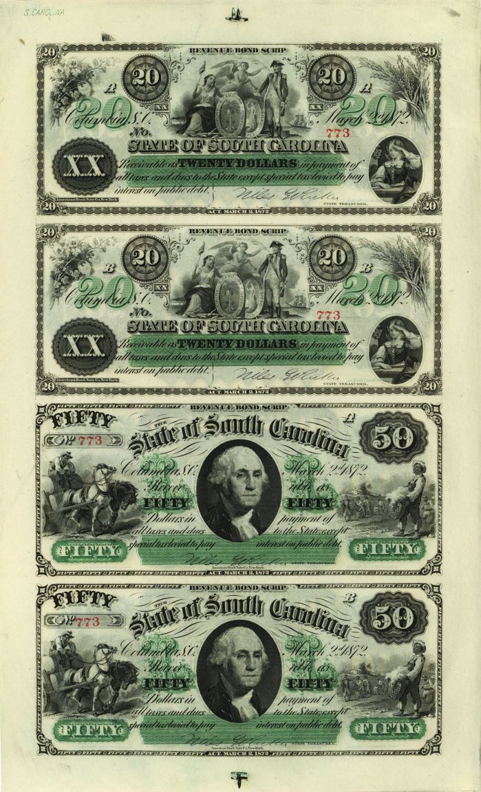 State of South Carolina Uncut Obsolete Sheet - Broken Bank Notes - Dated 1872