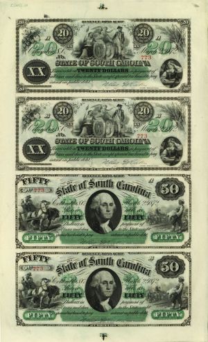 State of South Carolina Uncut Obsolete Sheet - Broken Bank Notes - Dated 1872