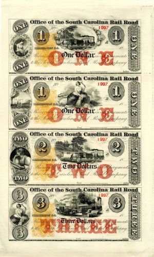 Office of the South Carolina Railroad Uncut Obsolete Sheet - Broken Bank Notes