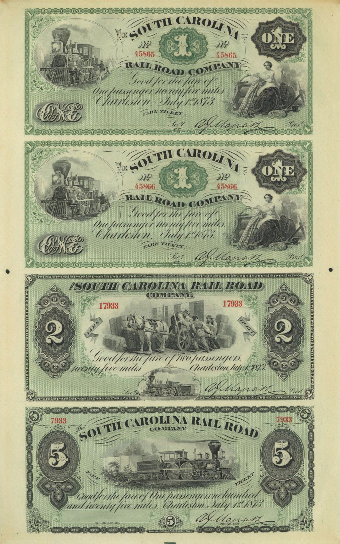 South Carolina Railroad Co.  - 1873 dated Uncut Obsolete Sheet - Broken Bank Notes