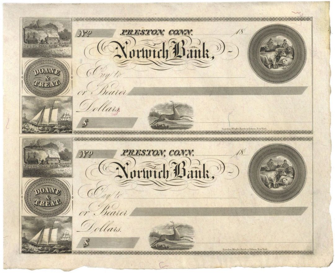 Norwich Bank - Uncut Obsolete Sheet - Norwich, Connecticut - Broken Bank Notes