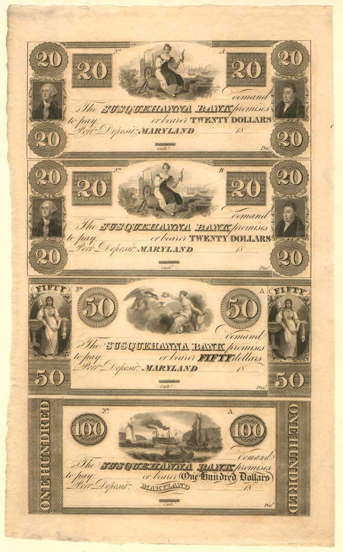 Susquehanna Bank - Uncut Obsolete Sheet - Broken Bank Notes