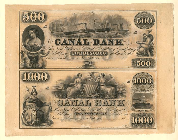 $50 and $100 Canal Bank - Pair of Notes - Uncut Obsolete Sheet - Broken Bank Notes - Paper Money