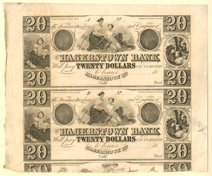 Hagerstown Bank - Uncut Obsolete Sheet - Broken Bank Notes