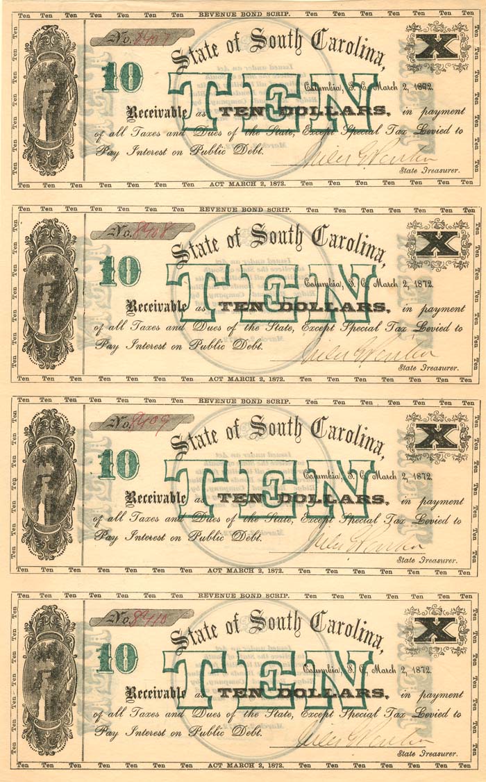 State of South Carolina - Uncut Obsolete Sheet - Broken Bank Notes