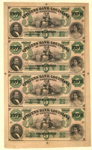 Citizens' Bank of Louisiana - Uncut Obsolete Sheet - Broken Bank Notes