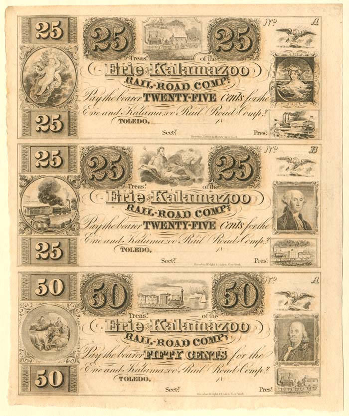 Erie and Kalamazoo Railroad Co. - Uncut Obsolete Sheet - Broken Bank Notes