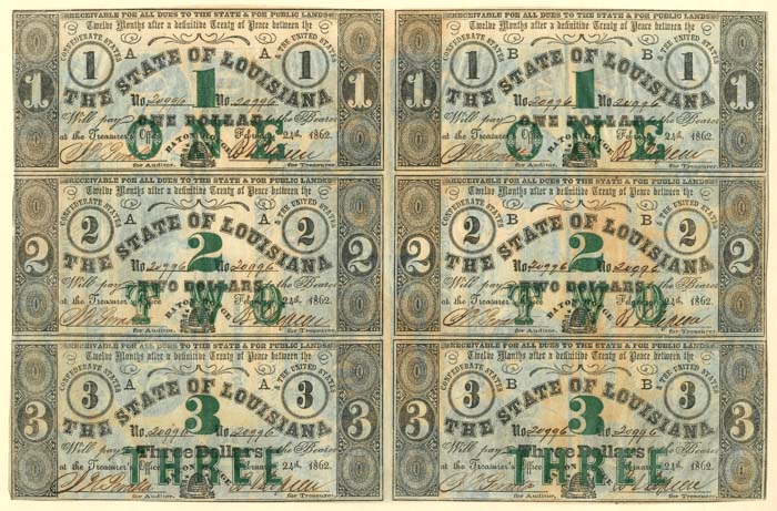 State of Louisiana - Uncut Obsolete Sheet - Broken Bank Notes