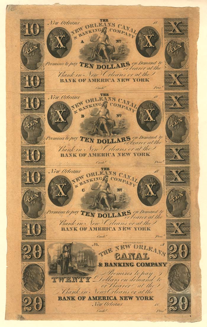 New Orleans Canal and Banking Co. - Uncut Obsolete Sheet - Broken Bank Notes