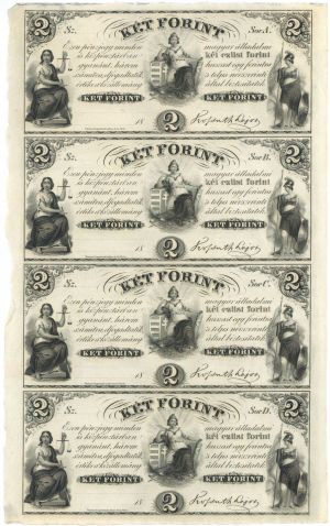 Egy Forint - 2¢/2¢/2¢/2¢ - Hungary - 1840's circa Uncut Obsolete Sheet - Broken Bank Notes