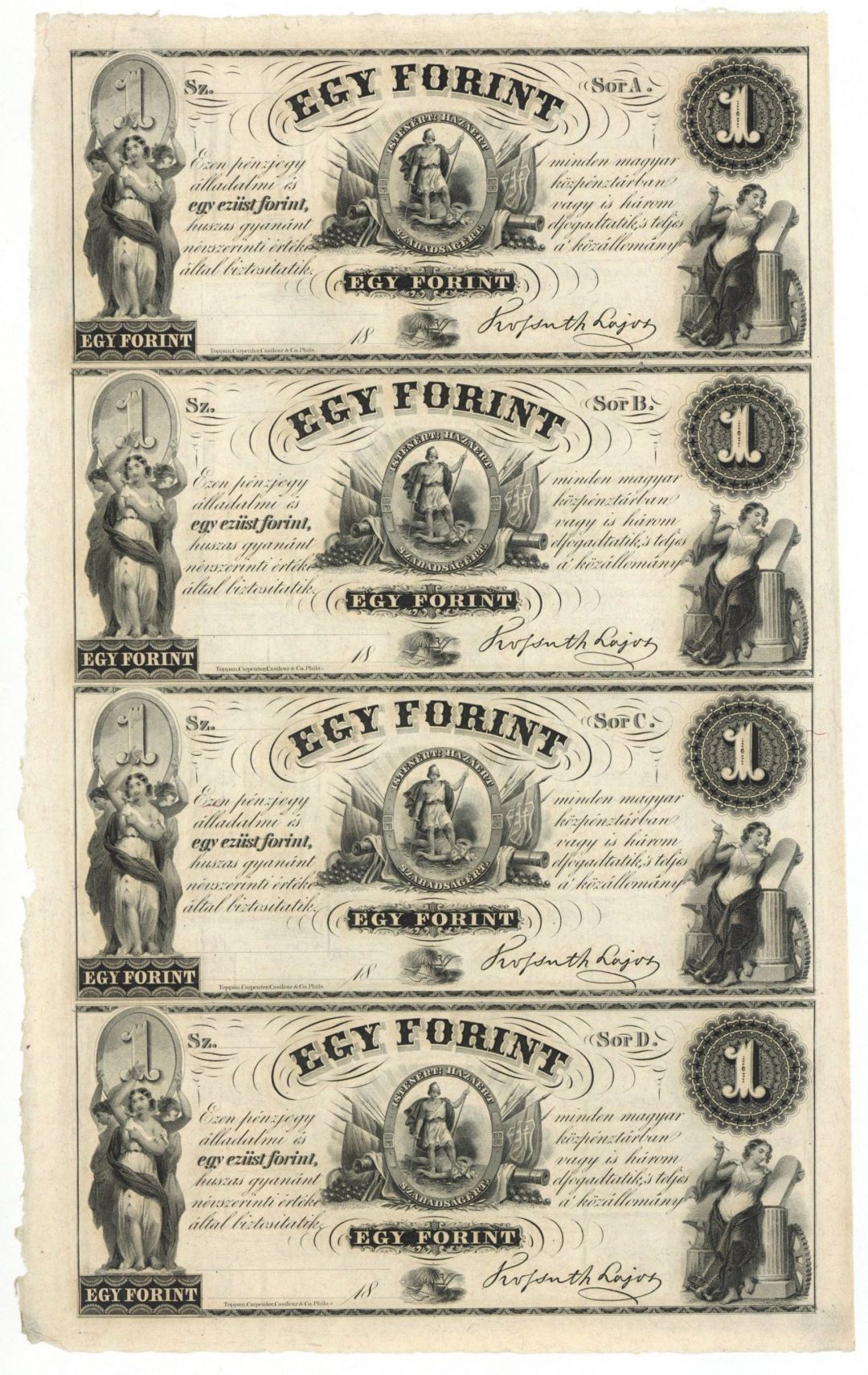 Egy Forint - 1¢/1¢/1¢/1¢ - Hungary - 1840's circa Uncut Obsolete Sheet - Broken Bank Notes