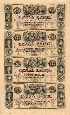 $20 Canal Bank - Uncut Obsolete Sheet of 4 Notes - Broken Bank Notes - Paper Money