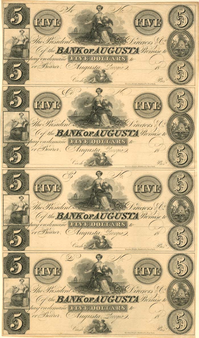 Bank of Augusta - Uncut Obsolete Sheet - Broken Bank Notes