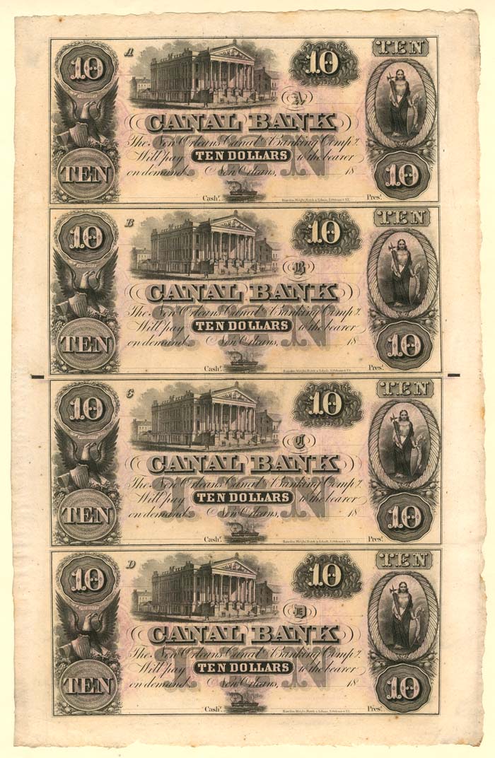 $10 Canal Bank - Uncut Obsolete Sheet of 4 Notes - Broken Bank Notes - Paper Money