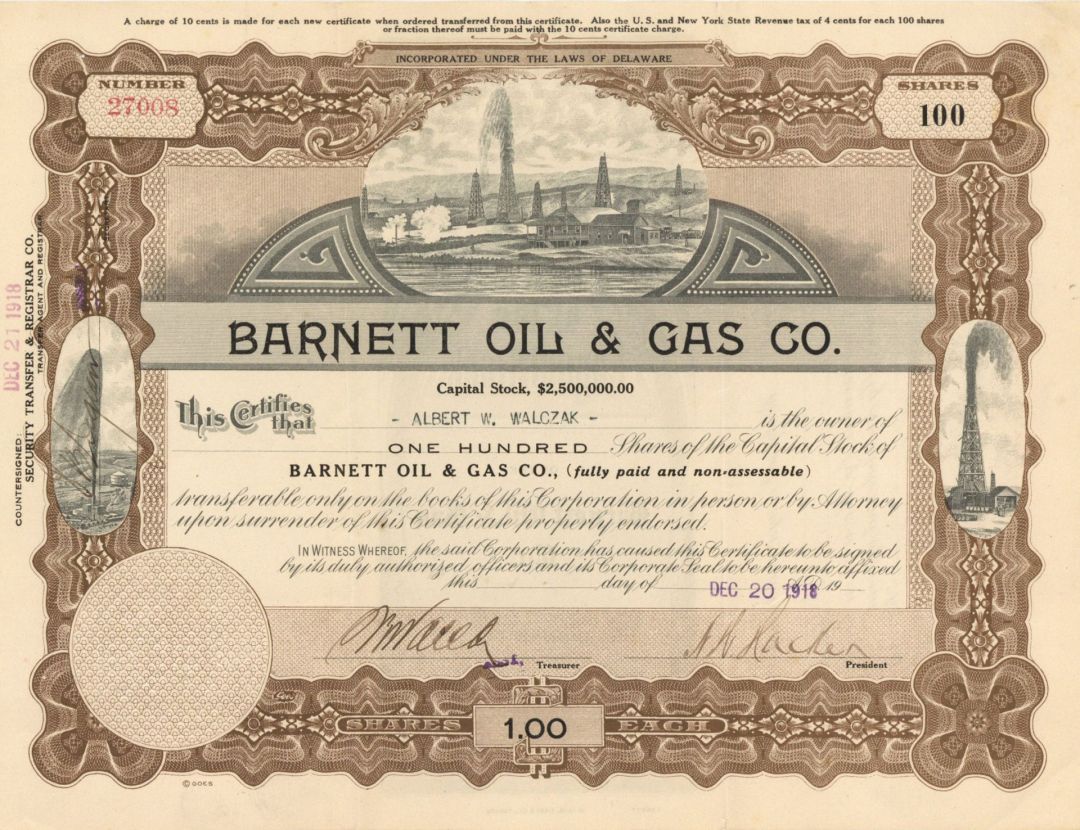Barnett Oil and Gas Co. - Stock Certificate (Uncanceled)