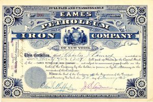 Eames Petroleum Iron Co. of New York - 1882 dated Stock Certificate (Uncanceled)