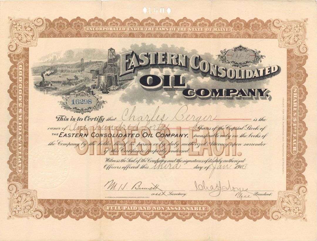 Eastern Consolidated Oil Co. - 1901-1906 dated Stock Certificate (Uncanceled)