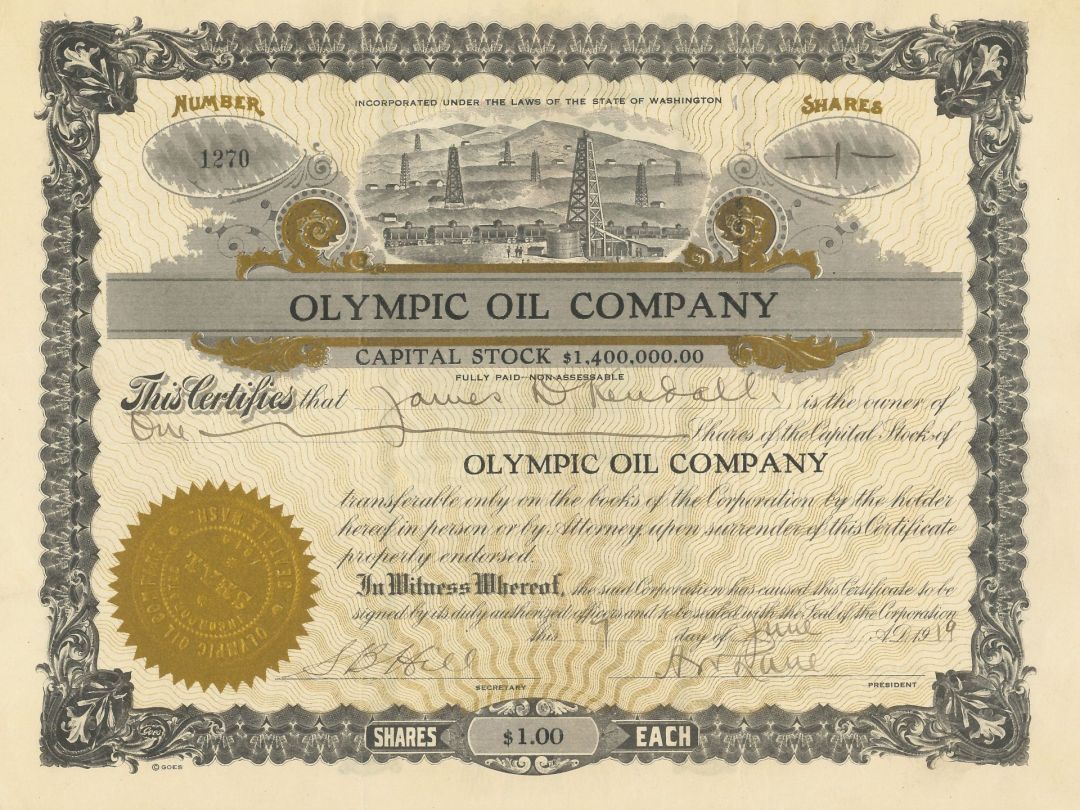 Olympic Oil Co. - Seattle, Washington Stock Certificate