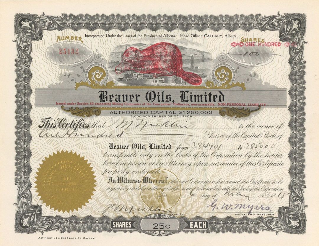 Beaver Oils, Limited - 1915 dated Canadian Oil Stock Certificate
