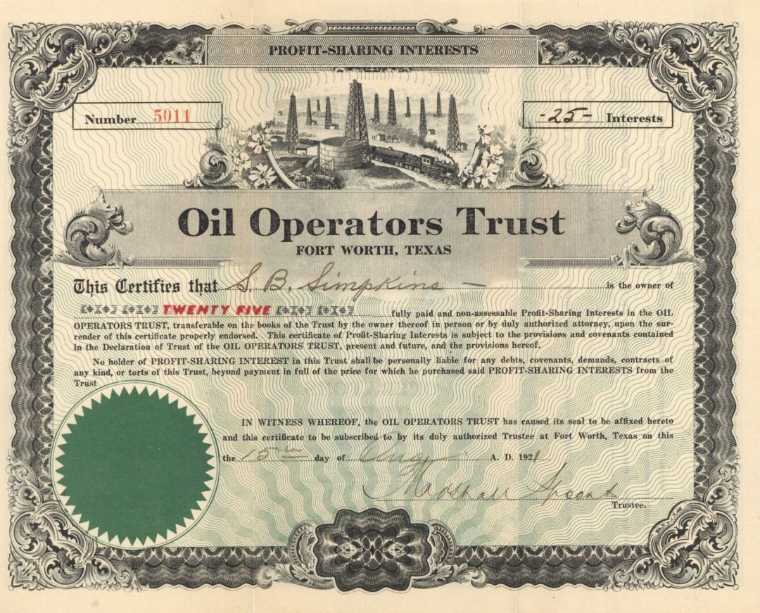 Oil Operators Trust - 1921 or 1922 dated Fort Worth, Texas Stock Certificate