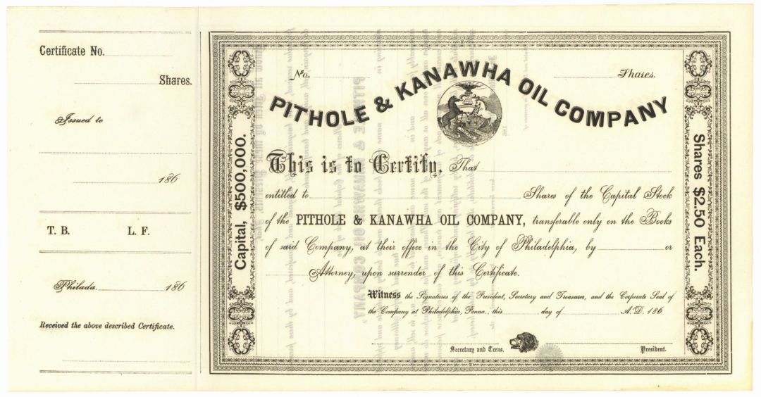 Pithole and Kanawha Oil Co. - circa 1865 Unissued Philadelphia, Pennsylvania Oil Stock Certificate