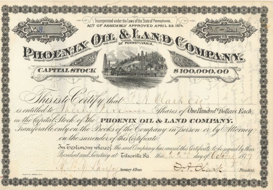 Phoenix Oil and Land Co. of Pennsylvania - 1877 or 1896 dated Stock Certificate